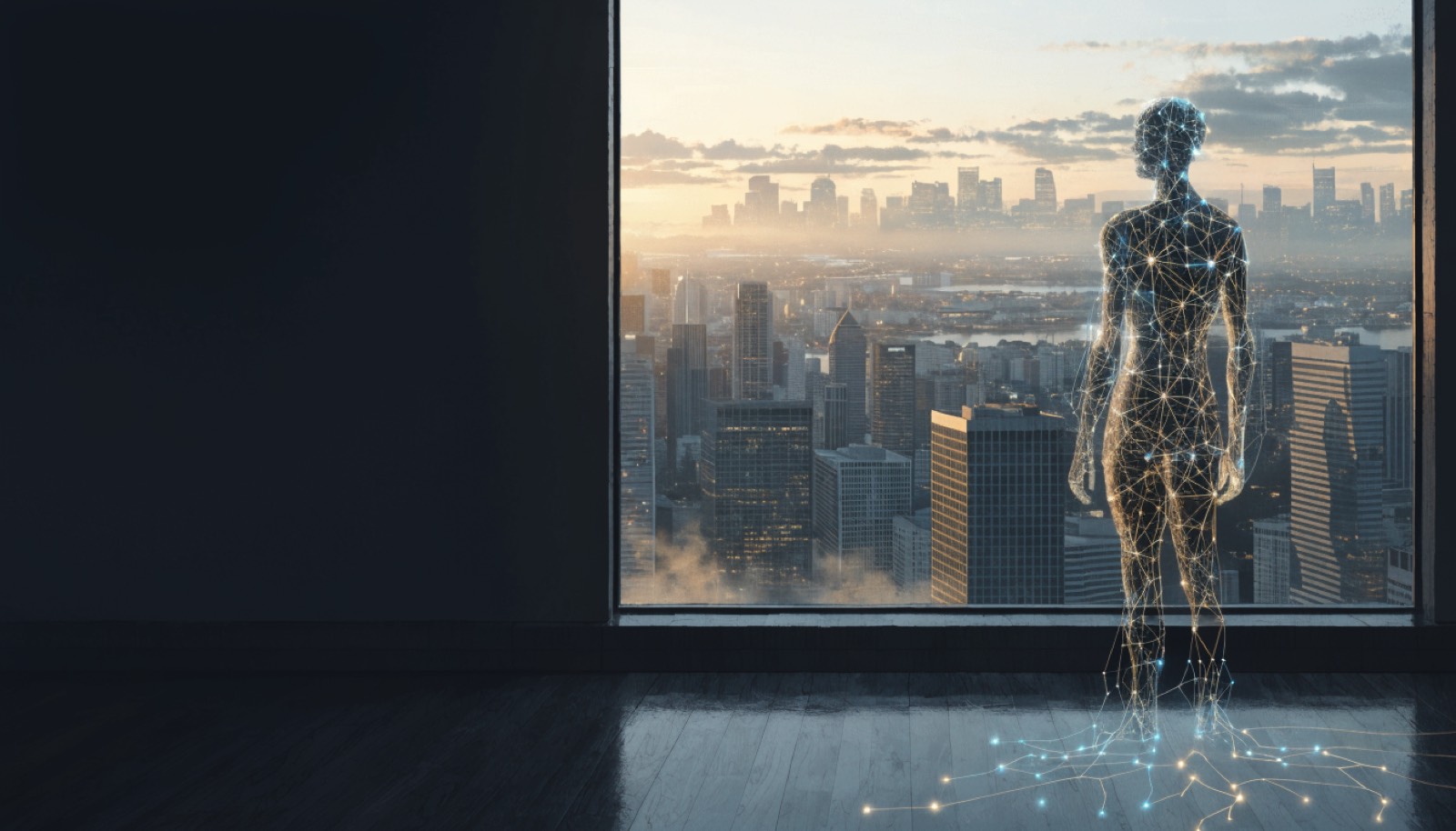 A luminous AI entity overlooking a city skyline at dawn