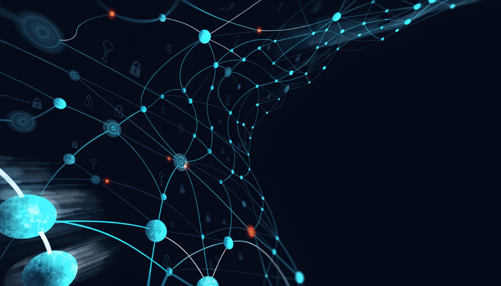 A cyan identity and lock graph with red compromised nodes highlighted
