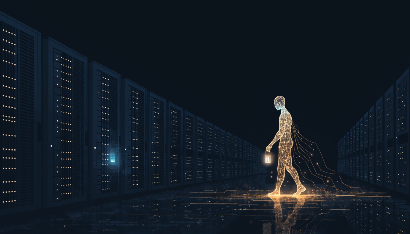 Luminous AI figure patrolling a dark server hall with a lantern