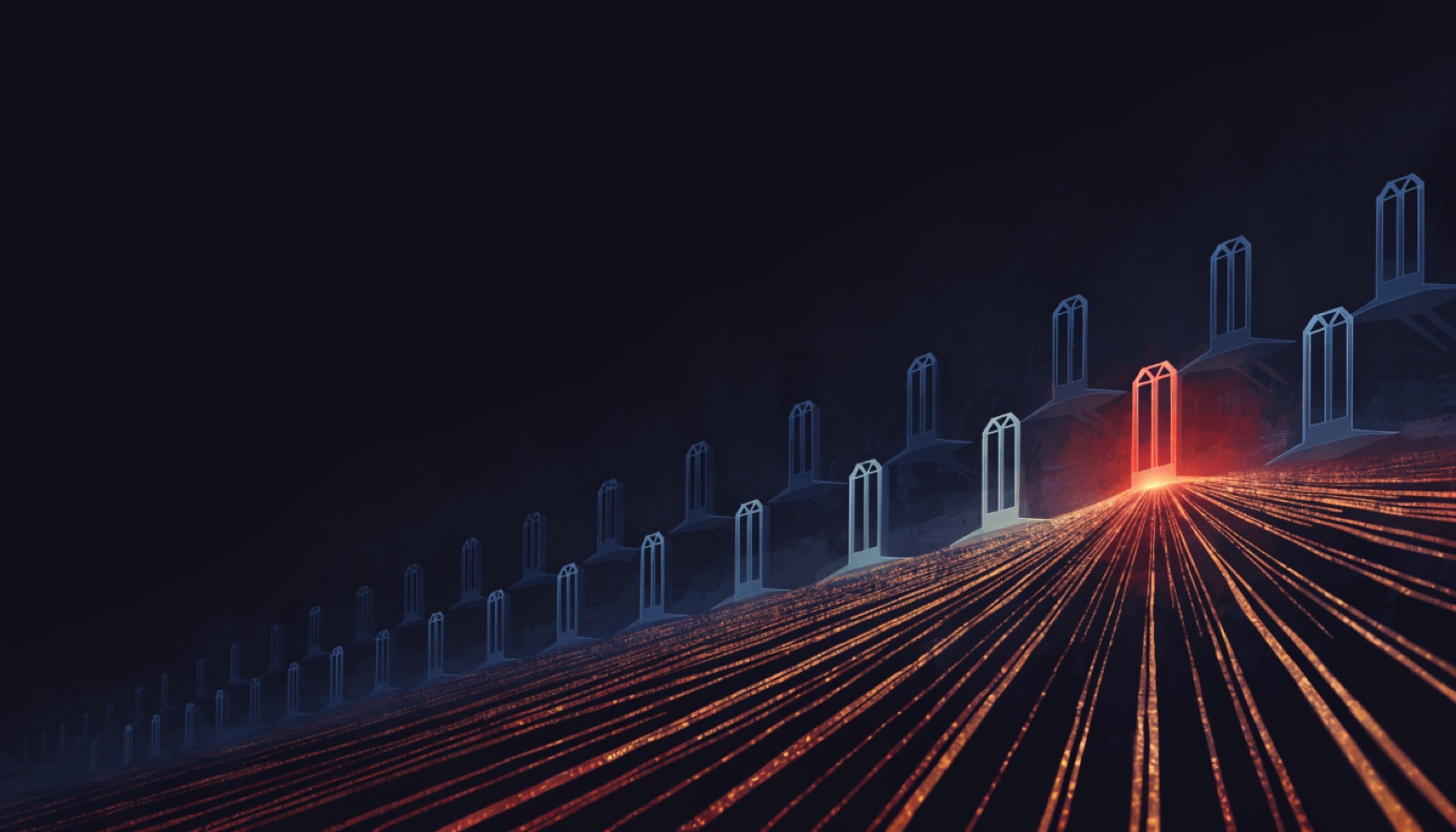 A row of doors in darkness, one glowing red, with traced attack paths