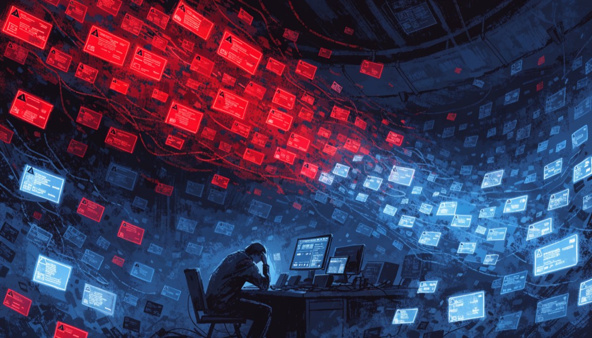An analyst at a desk beneath an overwhelming wall of red and blue alert notifications