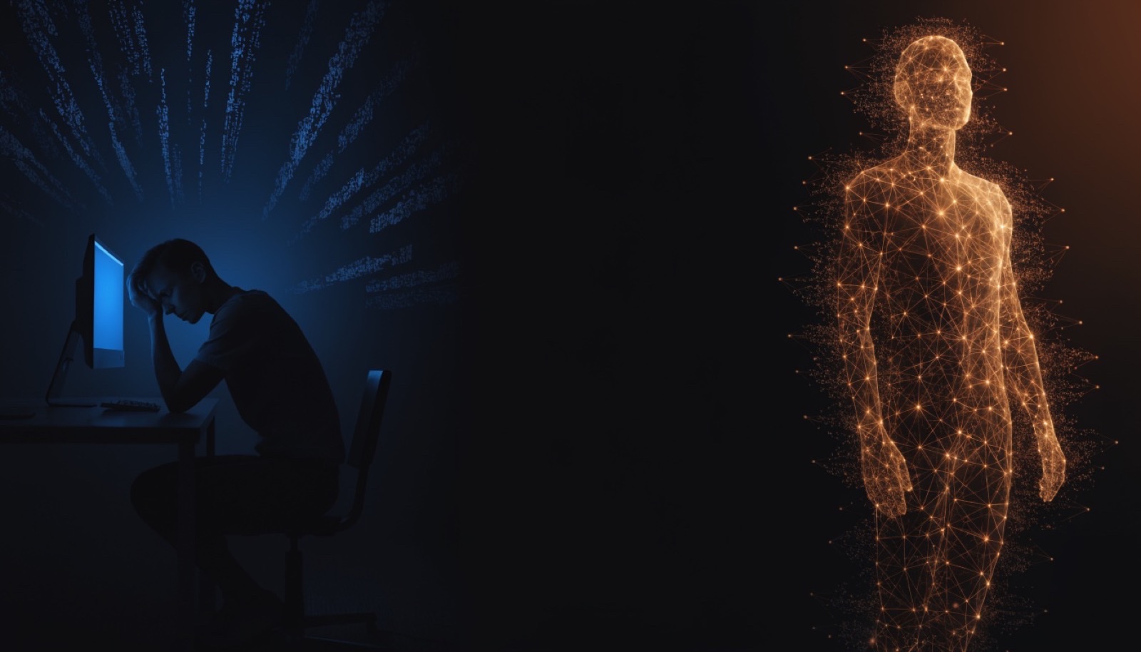 Split-tone scene contrasting a frustrated human analyst with a calm luminous AI entity